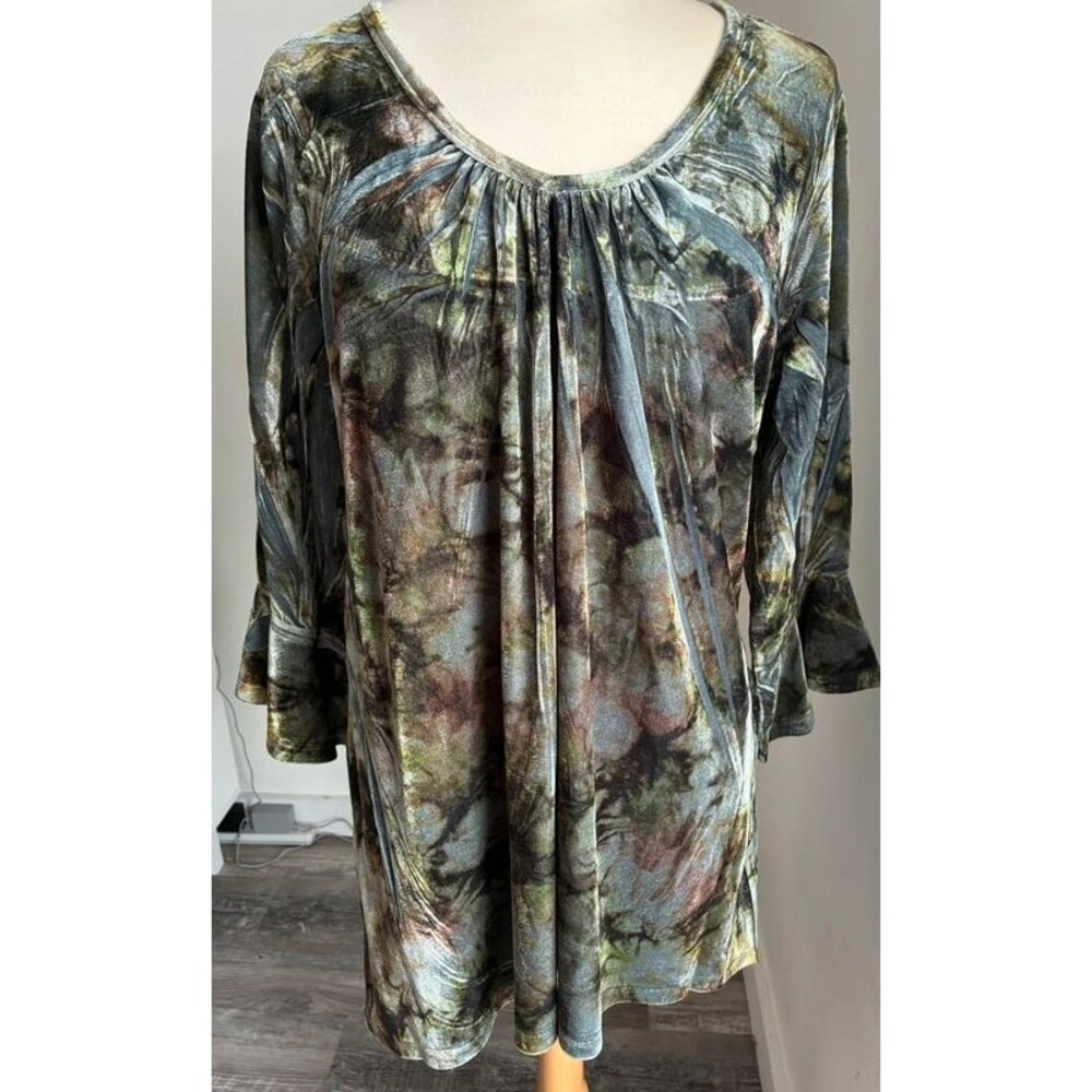Y2K One World Velvet Tunic Top Womens L Boho Bell Sleeve Lace Abstract